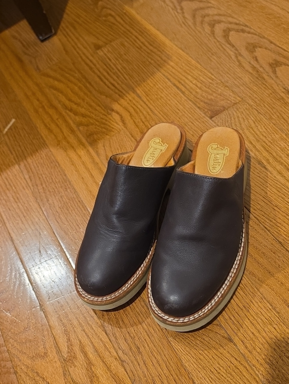 Vintage 90s Justin Leather Chunky Platform Clogs / Mule - Picture 3 of 8